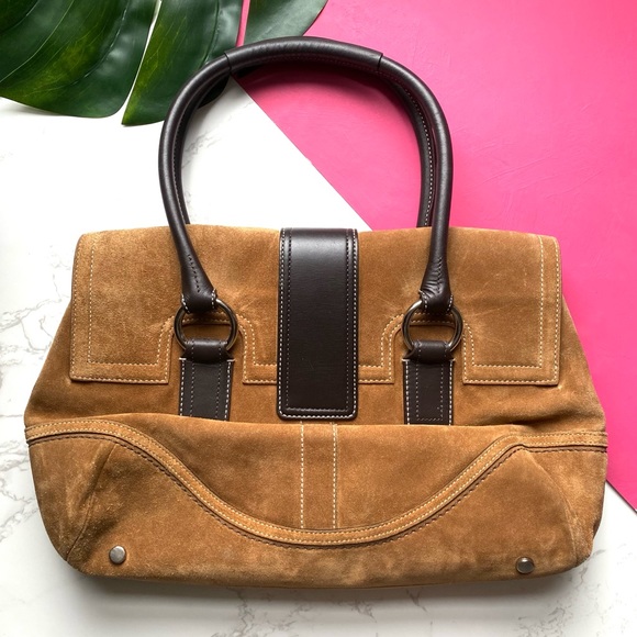 Coach Camel Suede Buckle Flap Top Satchel Purse - Picture 3 of 11